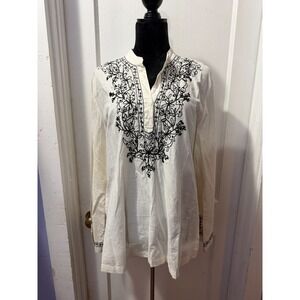 Erik Stewart White Long Sleeve Top with Black Embroidery in XL